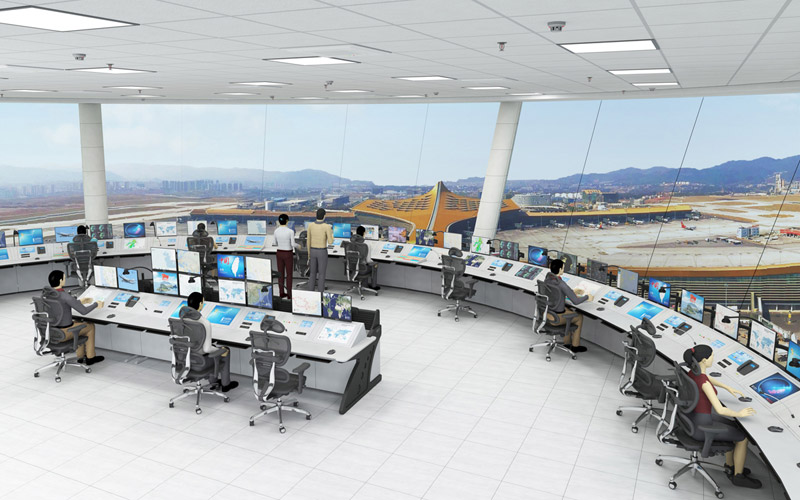 某飞机场塔台指挥中心弧形电脑操作台案例照片